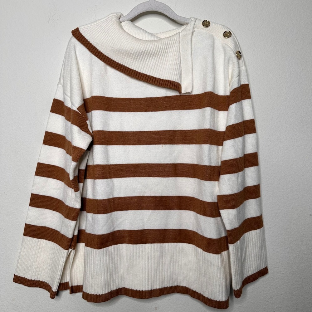 Saks Fifth Avenue Womens Brown Cream Striped Button Shoulder Knit Sweater Large